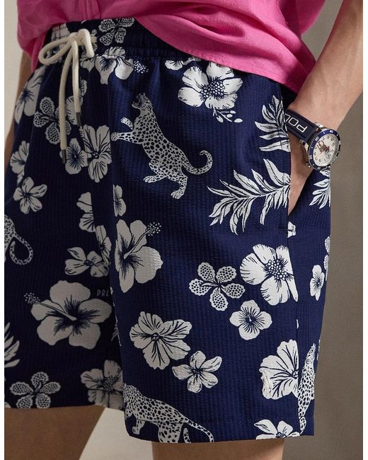 Polo Ralph Lauren Blue Tropical Print Seersucker Swim Shorts 001 for men