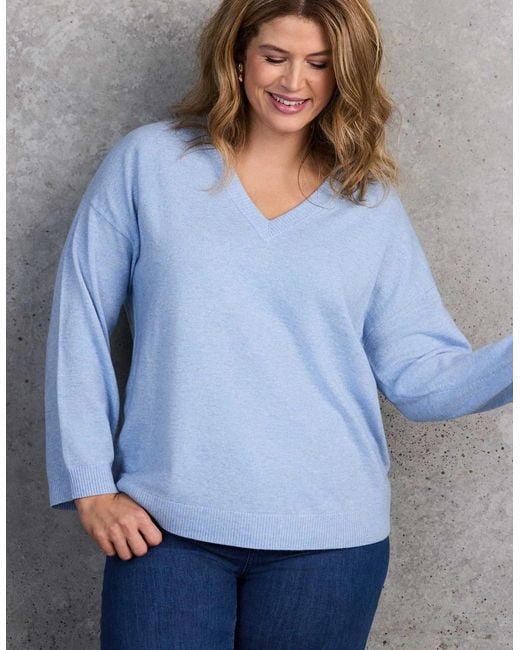 Live Unlimited London Blue Pale V Neck Knitted Jumper With Cashmere