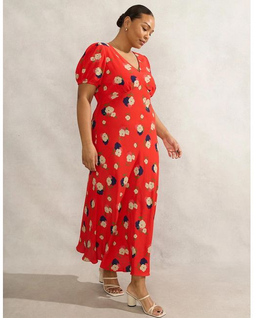 Live Unlimited London Red Floral Puff Sleeve Midi Dress