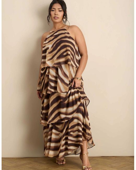 Live Unlimited London Brown Abstract Print Halter Tiered Maxi Dress
