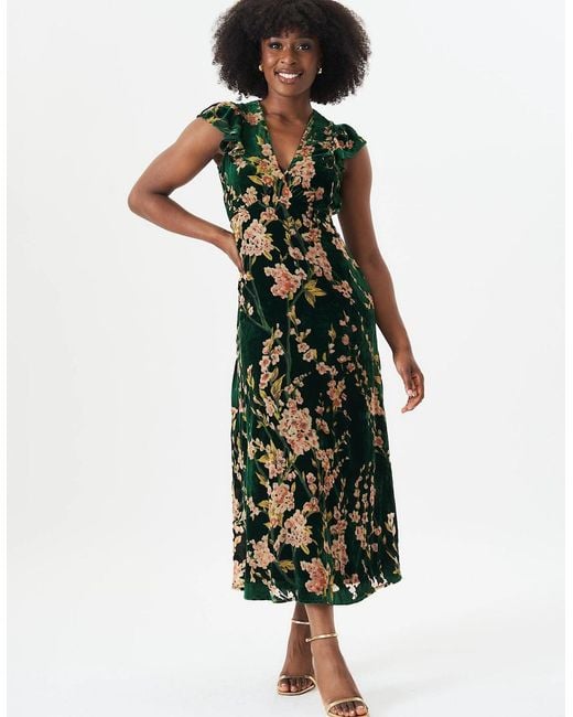 Gini London Green Floral Devore Ruffle V Neck Midaxi Dress
