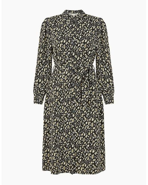 Yumi' Black Leopard Collared Neck Midi Dress