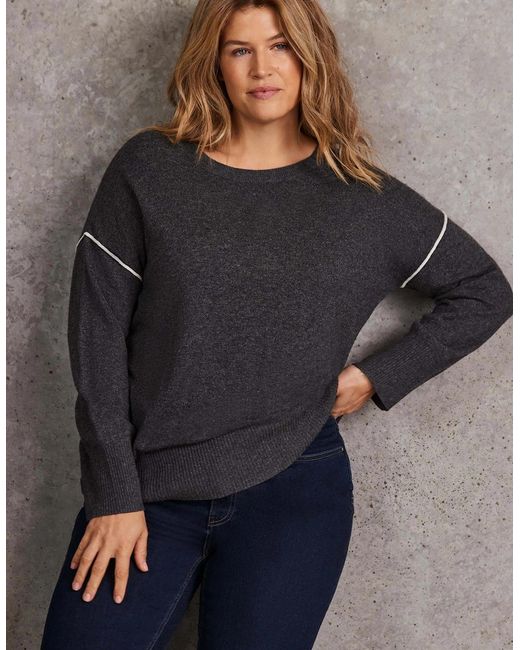 Live Unlimited London Gray Seam Detail Round Neck Jumper With Cashmere