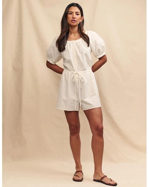 Nobody's Child Natural Drawstring Short Puff Sleeve Solid Patterned Playsuit