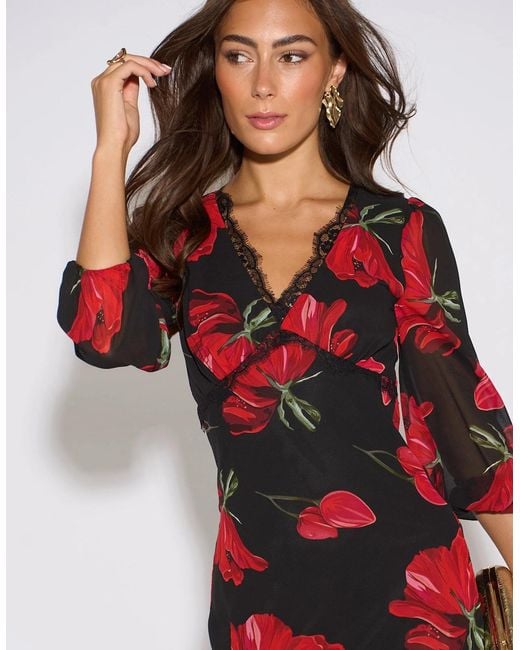 Gini London Red Base Bloom Lace Trim Midi Dress