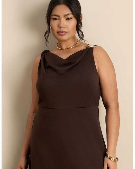 Live Unlimited London Brown Asymmetric Twist Maxi Dress With Trim