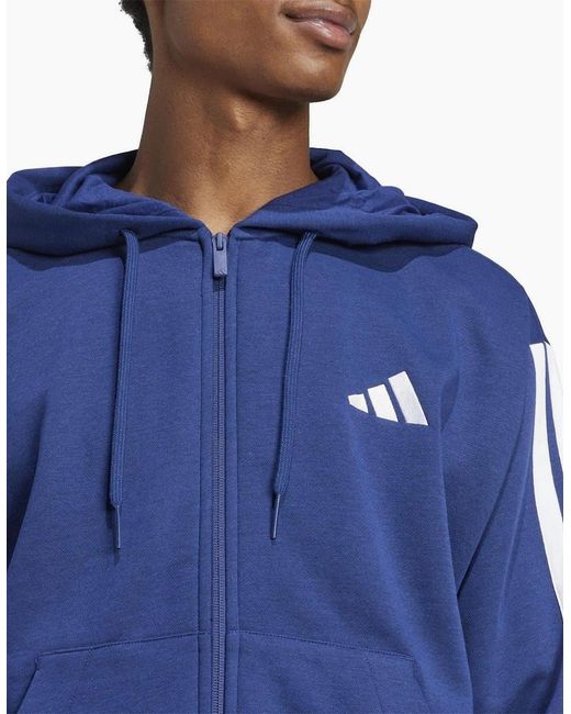 Adidas Blue Fleece 3 Stripes Full Zip Hoodie for men