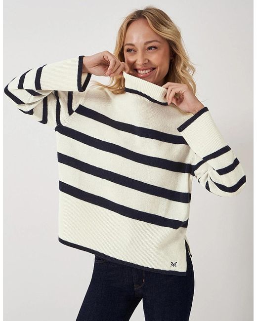 Crew Natural Roll Neck Merino Wool Stripe Jumper Ivory And