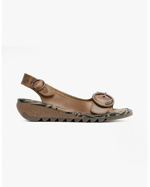 Fly London White Tram Leather Buckle Slingback Wedge Heeled Sandals Camel
