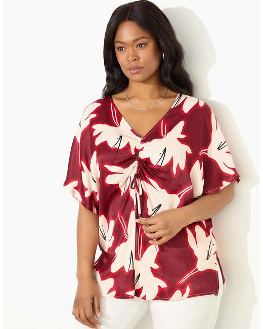 Live Unlimited London Red Floral Print Ruched Front Blouse