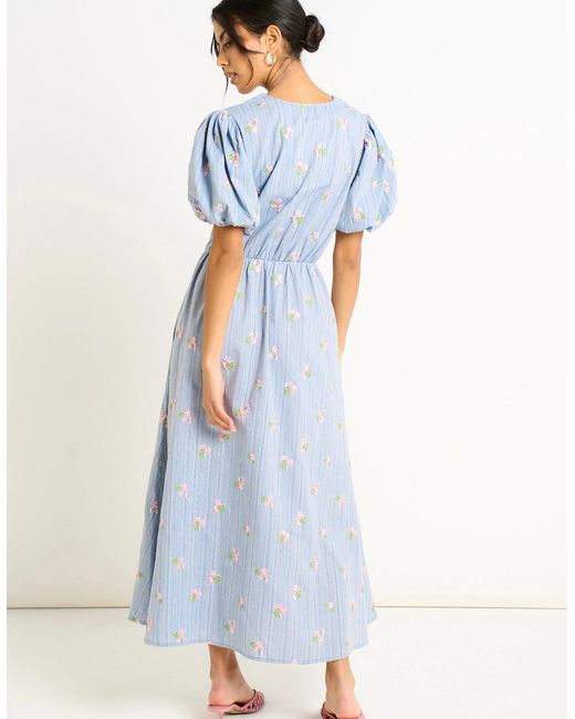 Gini London Blue Cotton Mix Tie Detail Puff Sleeves Midi Dress