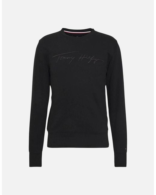 Tommy Hilfiger Black Sweatshirt Signature Embossed Logo Fleece Pullover Crew Neck for men