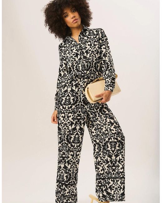 Gini London Black Mono Ikat Print Wide Leg Trousers