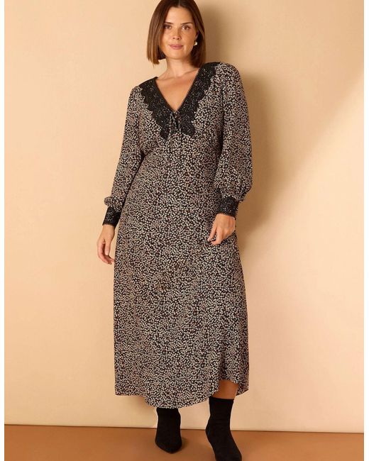 Live Unlimited London Gray Ditsy Floral Scalloped Lace Midaxi Dress