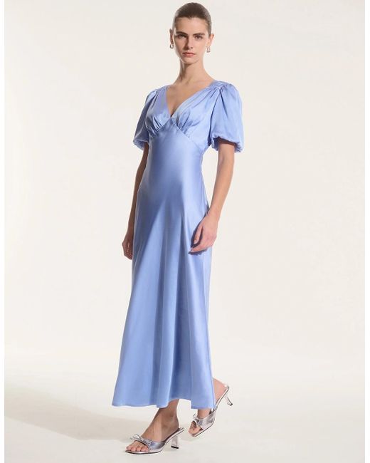 OMNES Blue Rosie Ruched Puff Sleeve Dress