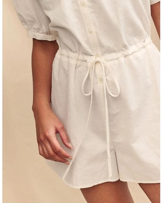Nobody's Child Natural Drawstring Short Puff Sleeve Solid Patterned Playsuit