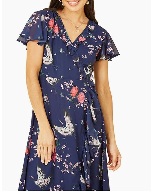 Yumi' Blue Crane Print V-Neck Midi Wrap Dress