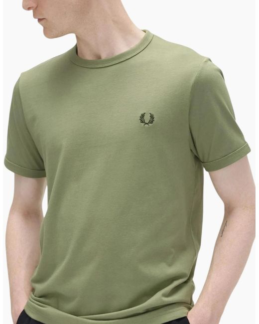 Fred Perry Green T Shirt Ringer Crew Neck Short Sleeve Summer Tee for men