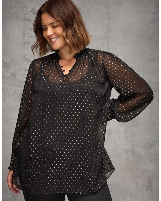 Live Unlimited London Gray Metallic Spot Shirred Cuff Blouse