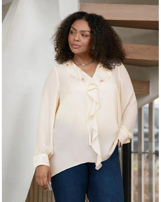 Live Unlimited London Natural Ivory Ruffle Front Blouse