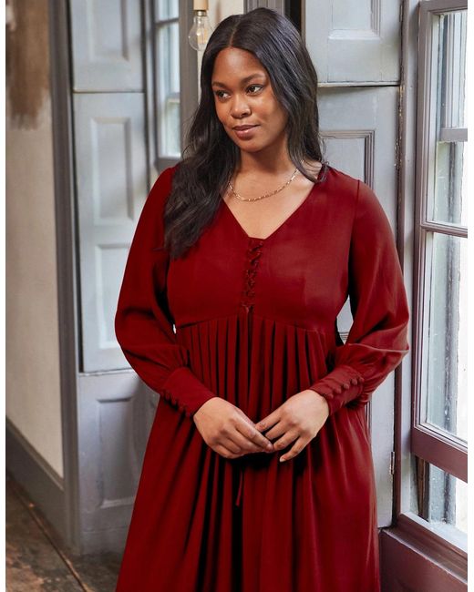 Live Unlimited London Red Dark Lace Up Blouson Sleeve Midi Dress