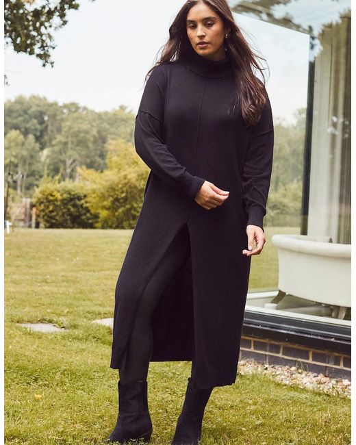 Live Unlimited London Black Cashmere-Blend Split Front Roll Neck Knit Jumper