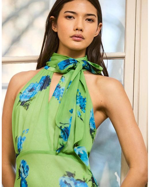 Ro&zo Green Athena Floral-Print Tie-Detail Dress