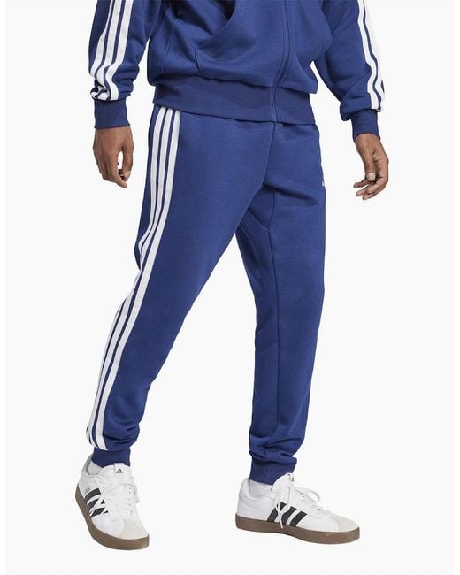 Adidas Blue Fleece Tapered Cuff 3 Stripes Joggers for men