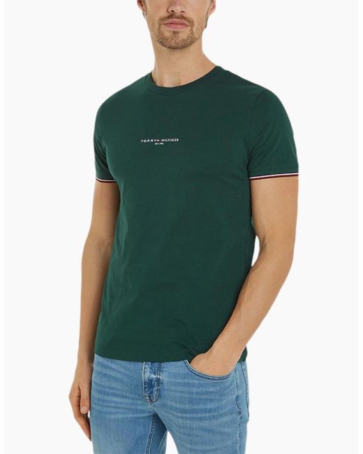 Tommy Hilfiger Green 32584 T Shirts Tipped Logo Slim Fit Crew Neck Cotton Tee New for men