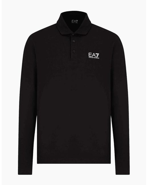 EA7 Black Long Sleeve Pique Cotton Polo Shirt for men