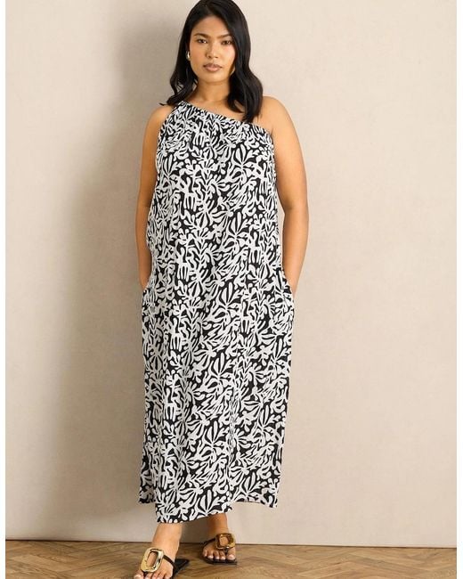 Live Unlimited London Brown Mono Print One Shoulder Crinkle Maxi Dress