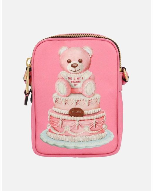 Moschino Pink Teddy Bear And Cake Print Nylon Bag With Two Compartments