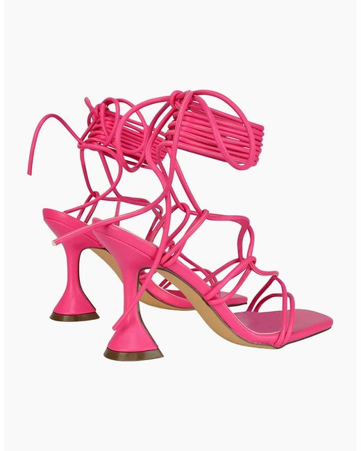 XY London Pink Ladies Briar Square Toe Lace Up Sculptured Mid Heel Sandals