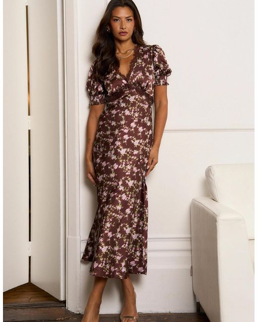 Gini London Natural Satin Floral Lace Midi Dress