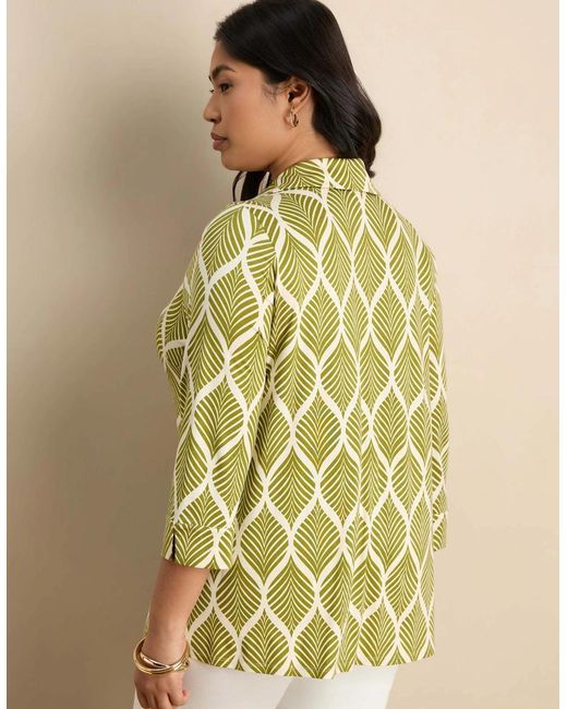 Live Unlimited London Green Chartreuse Print 3/4 Sleeve Collared V-Neck Jersey Top
