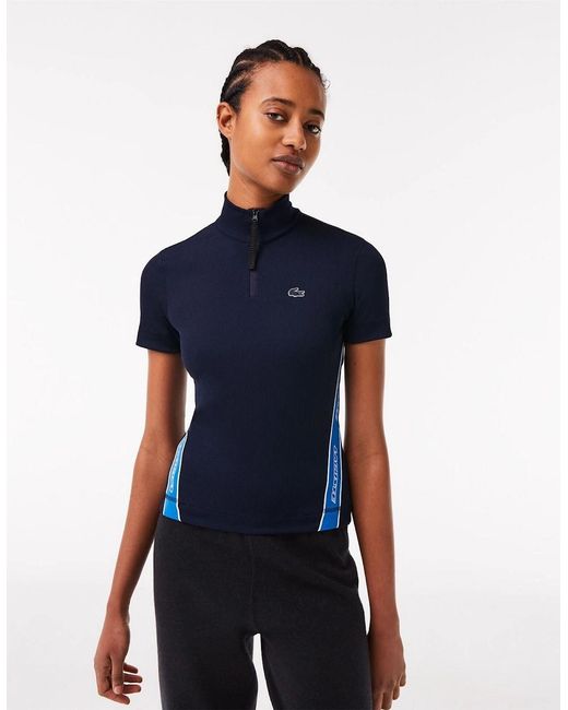 Lacoste Blue Ribbed Collar Zip Neck Short Sleeve Polo Shirt