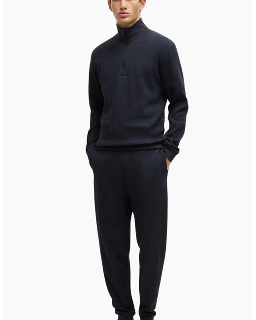 Boss Blue Waffle Structure Jogging Bottoms, Dark for men