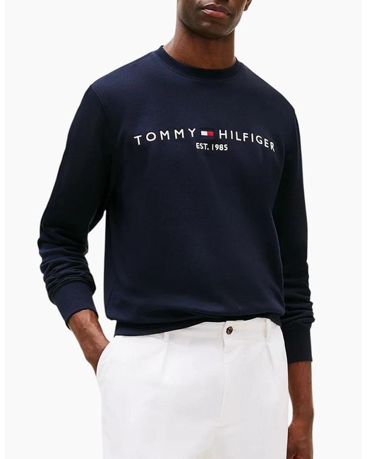 Tommy Hilfiger Blue Fleece Sweatshirt Embroidered Logo Pullover Crew Neck Jumper for men