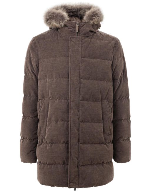 Herno Brown Long Bomber With Hood And Removable Hair for men