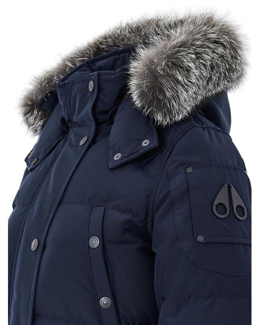 Moose Knuckles Blue Giubbino Lungo Imbottito Con Cappuccio E Pelliccia