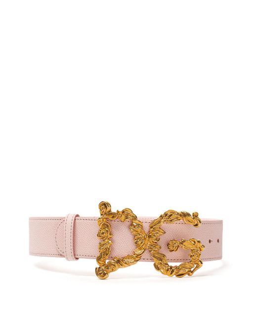 Dolce & Gabbana Pink Hammered Leather Belt With Dg Baroque Logo