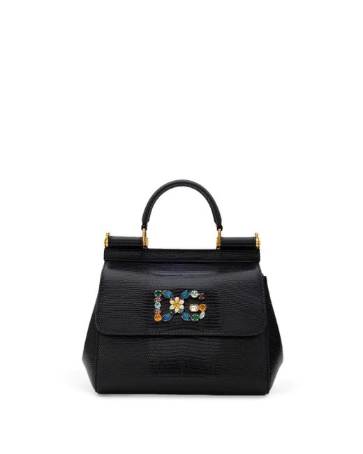 Dolce & Gabbana Black Borsa A Mano Sicily Con Stampa Iguana
