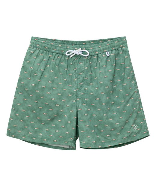 Loro Piana Green Costume Boxer Con Micro Stampa Barca for men