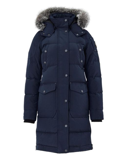 Moose Knuckles Blue Giubbino Lungo Imbottito Con Cappuccio E Pelliccia