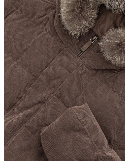 Herno Brown Long Bomber With Hood And Removable Hair for men