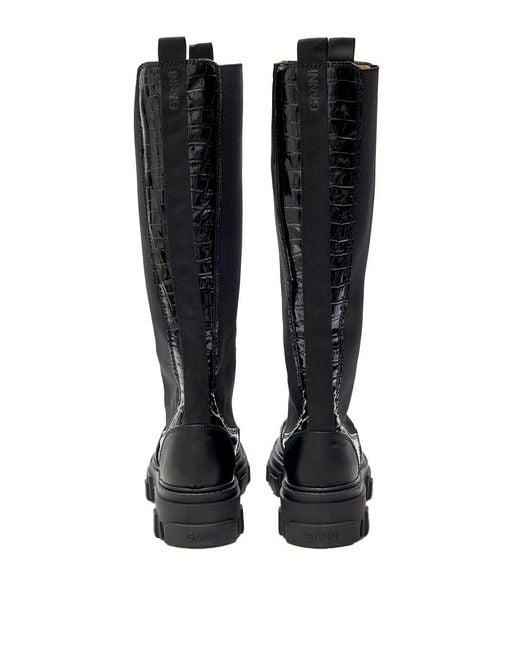 Ganni Black Stivali Alti Chelsea Neri Knee-High Con Effetto Coccodrillo