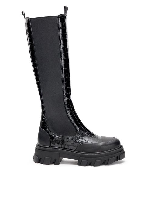 Ganni Black Stivali Alti Chelsea Neri Knee-High Con Effetto Coccodrillo
