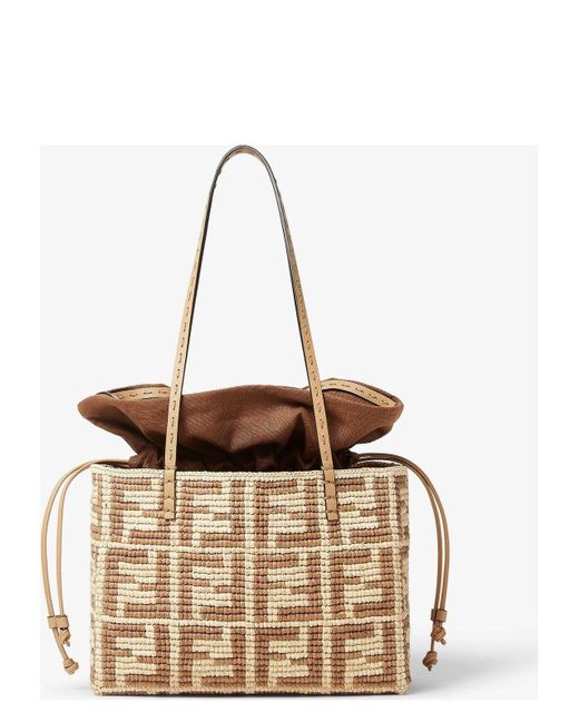 Fendi Embroidered Straw Small Roll Shopping Bag in Natural