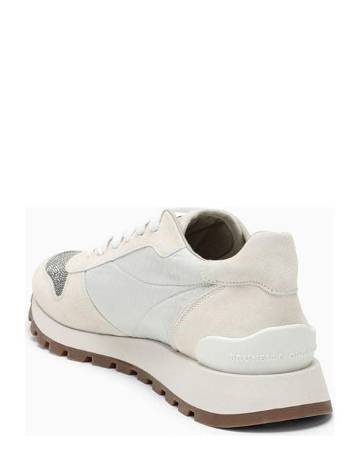 Brunello Cucinelli White Nylon And Suede Trainer Sneaker