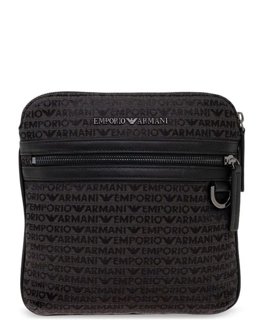 Emporio Armani Black All-Over Lettering Messenger Bag for men